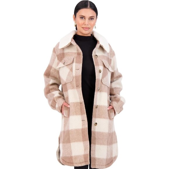 ✨Women Cream Fleece Collar Front Button Closures Shacket Long Plaid Coat Jacket - Picture 7 of 7